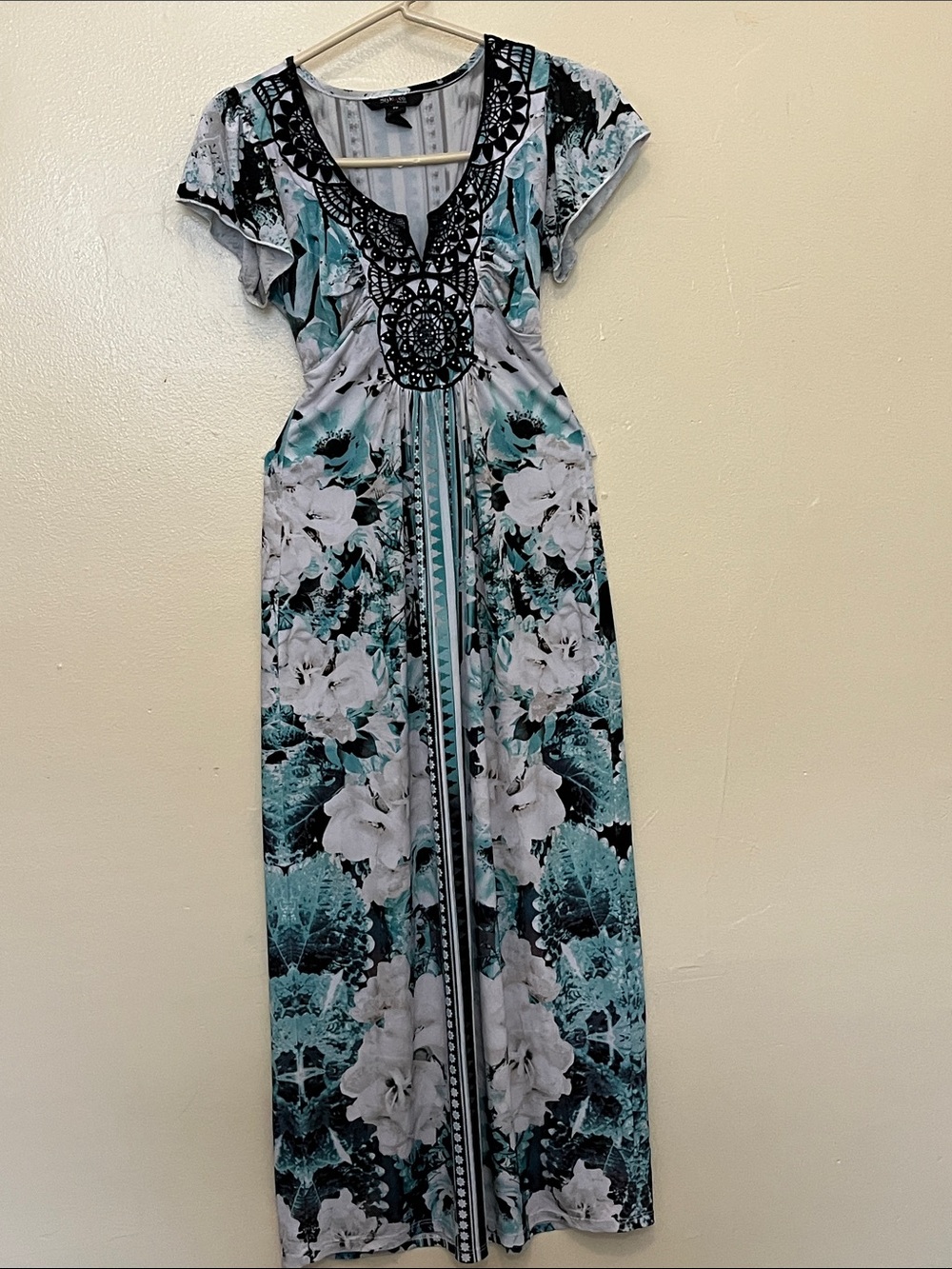 Style & CO.Embroidered-Neckline Floral Maxi Dress in Teal & White